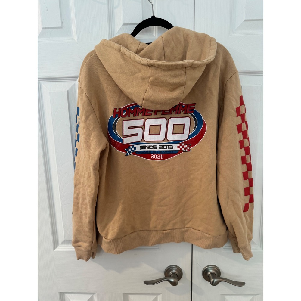 Homme Femme 500 Racing Zip Up Hoodie Tan Mens Medium Checkerboard Streetwear - Picture 7 of 12